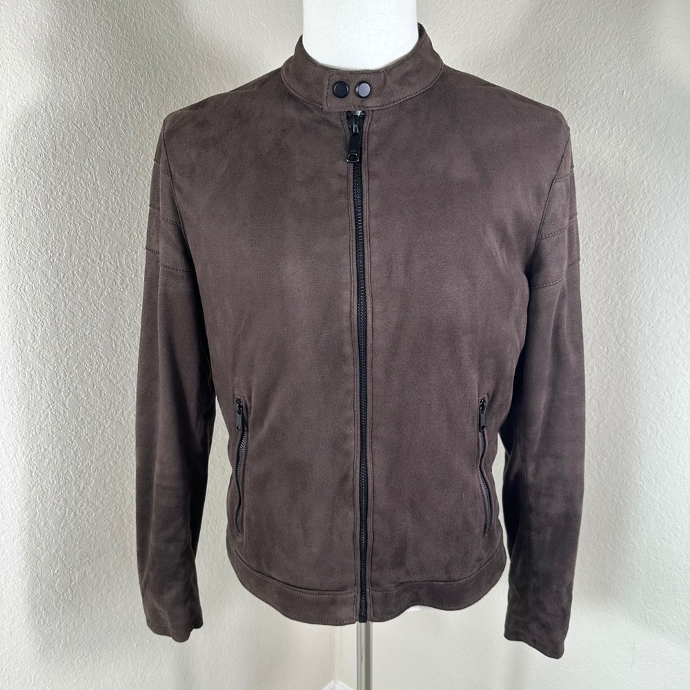 Zara Faux Suede Jacket Mens S Chocolate Brown Biker Moto Mock Neck Black Label
